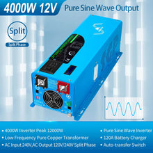 Load image into Gallery viewer, 4000W DC 12V Split Phase Pure Sine Wave Inverter With Charger